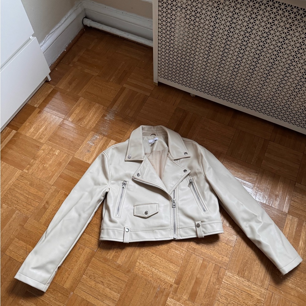 Topshop Cream Faux Leather Moto Jacket